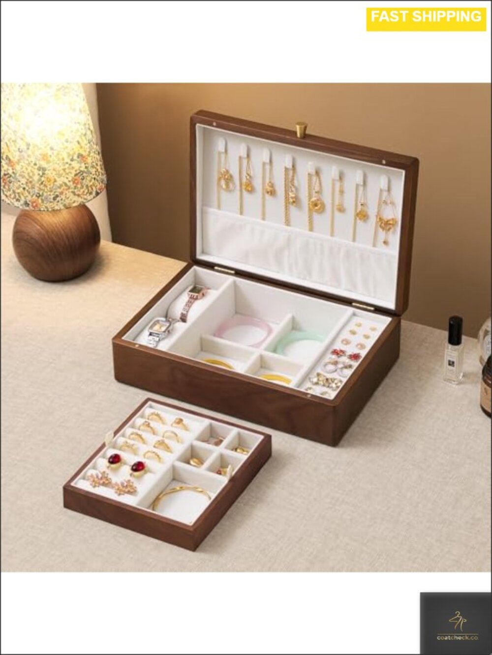 Solid Black Walnut Wooden Jewelry Box 2 Layer Necklace Organizer